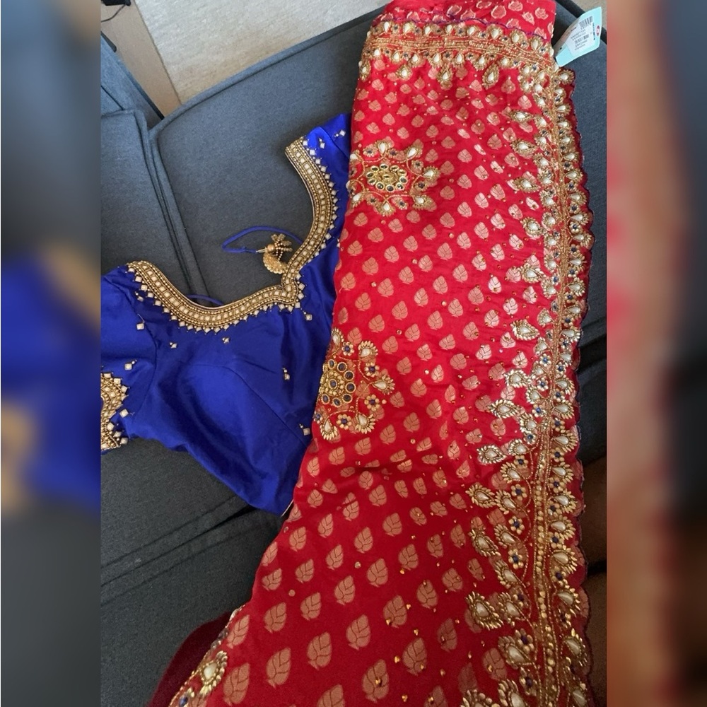 Heavy Red saree with blue blouse